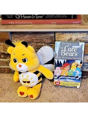 Sunshine Yellow Care Bear plush and Vintage Battle the Freeze Machine  Rare VHS